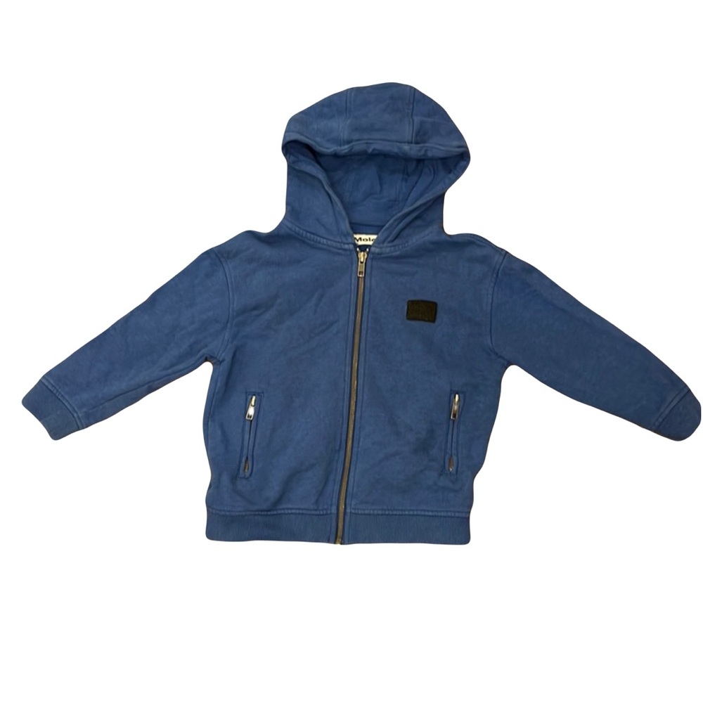 Molo Blue Zip-up Hoodie.  Size 4.  Minor discoloration/stain as shown in pic.